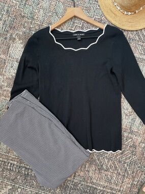 Cable & Gauge Black Knit Top 3/4 Sleeve Contrast Trim Lightweight Size S